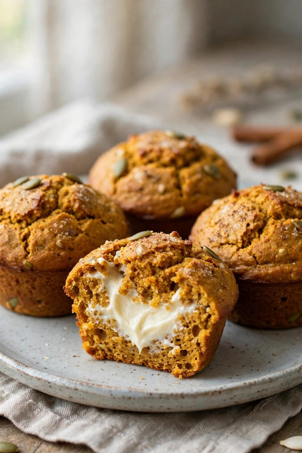 Pumpkin cream cheese muffins with golden spiced tops on a ceramic plate