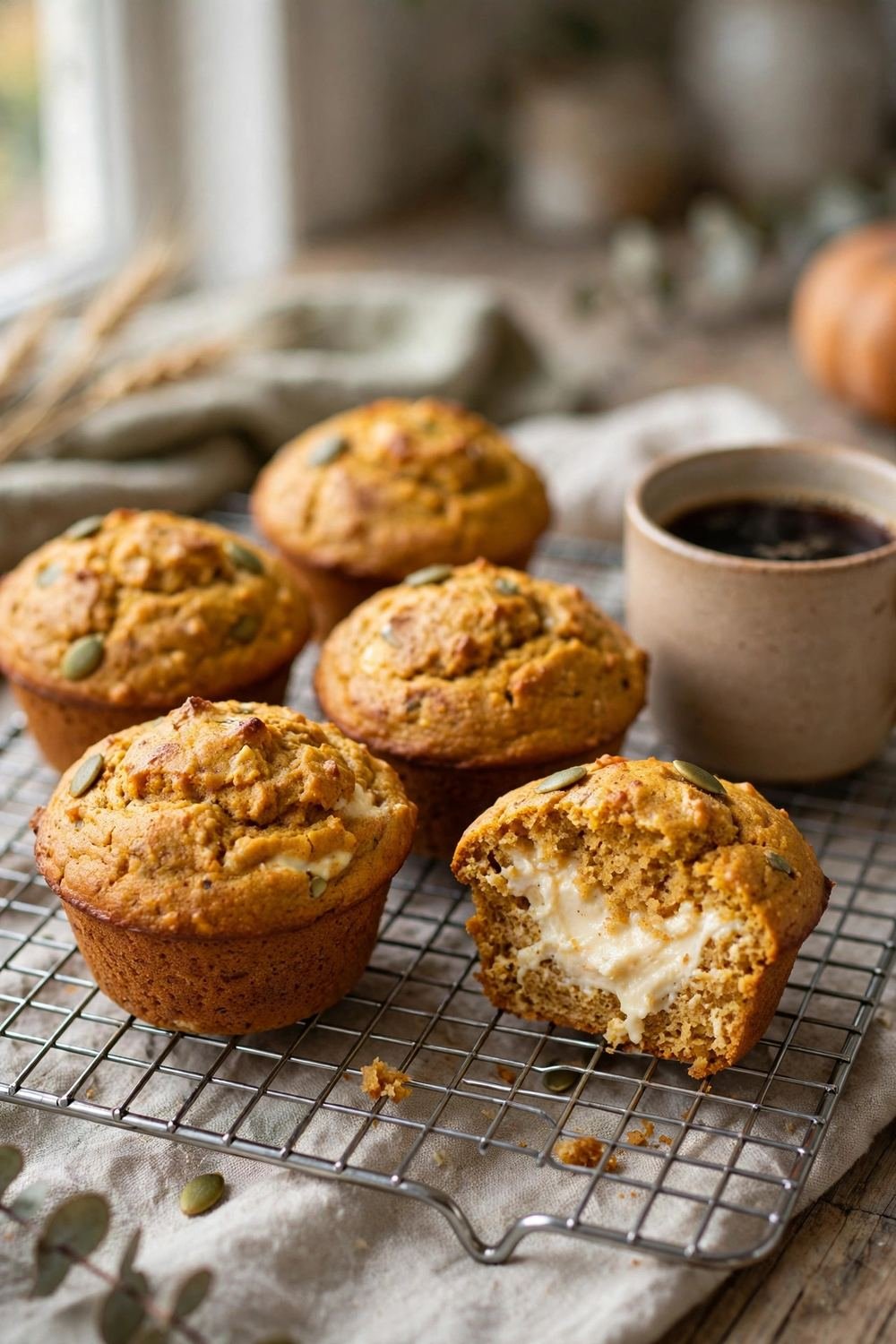 Pumpkin cream cheese muffins cooling on a wire rack with coffee