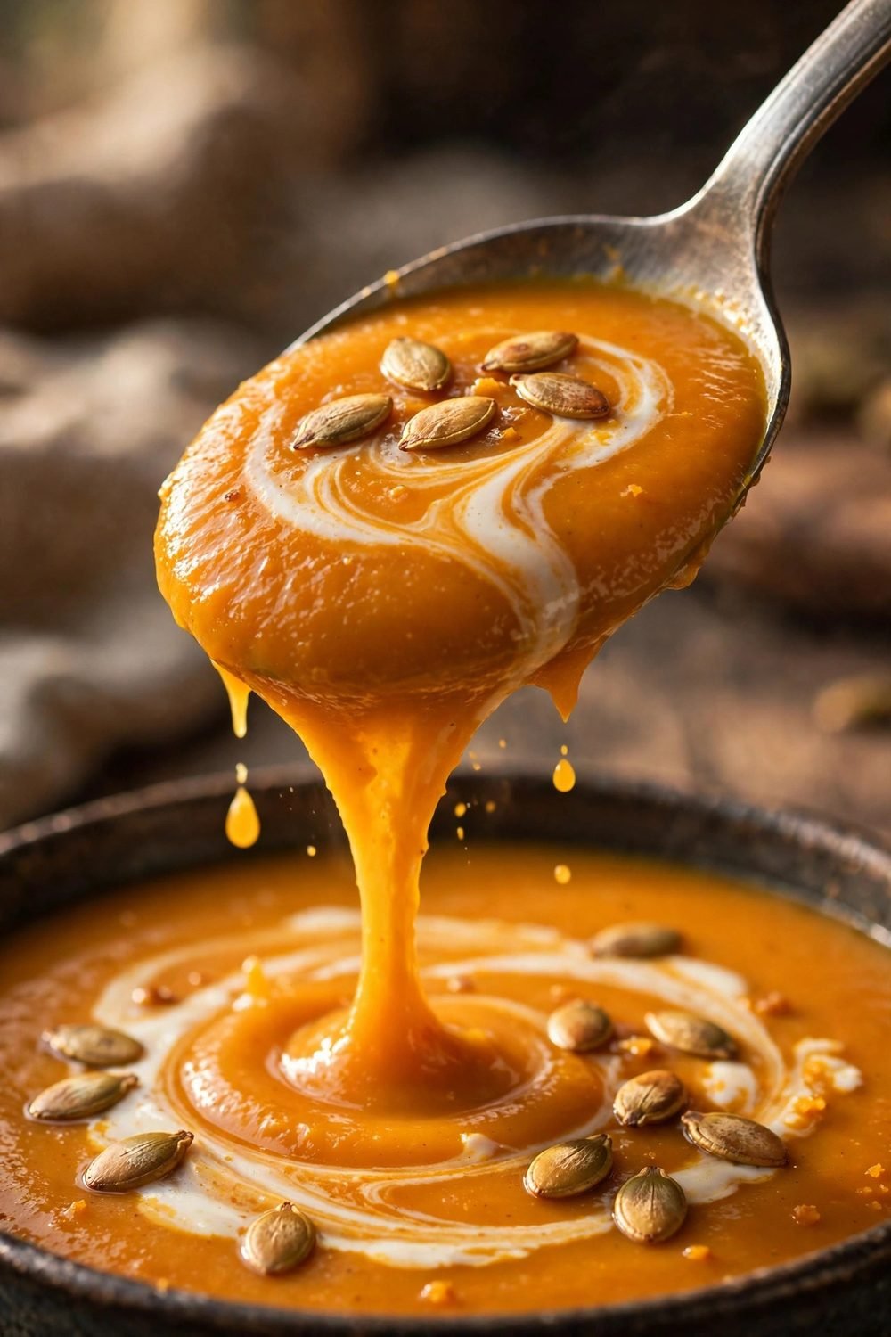 Spoon lifting silky roasted pumpkin soup with cream swirl and pumpkin seeds