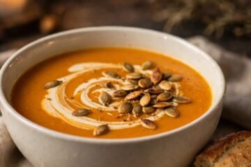 Roasted pumpkin soup in an ivory bowl with cream swirl and toasted pumpkin seeds