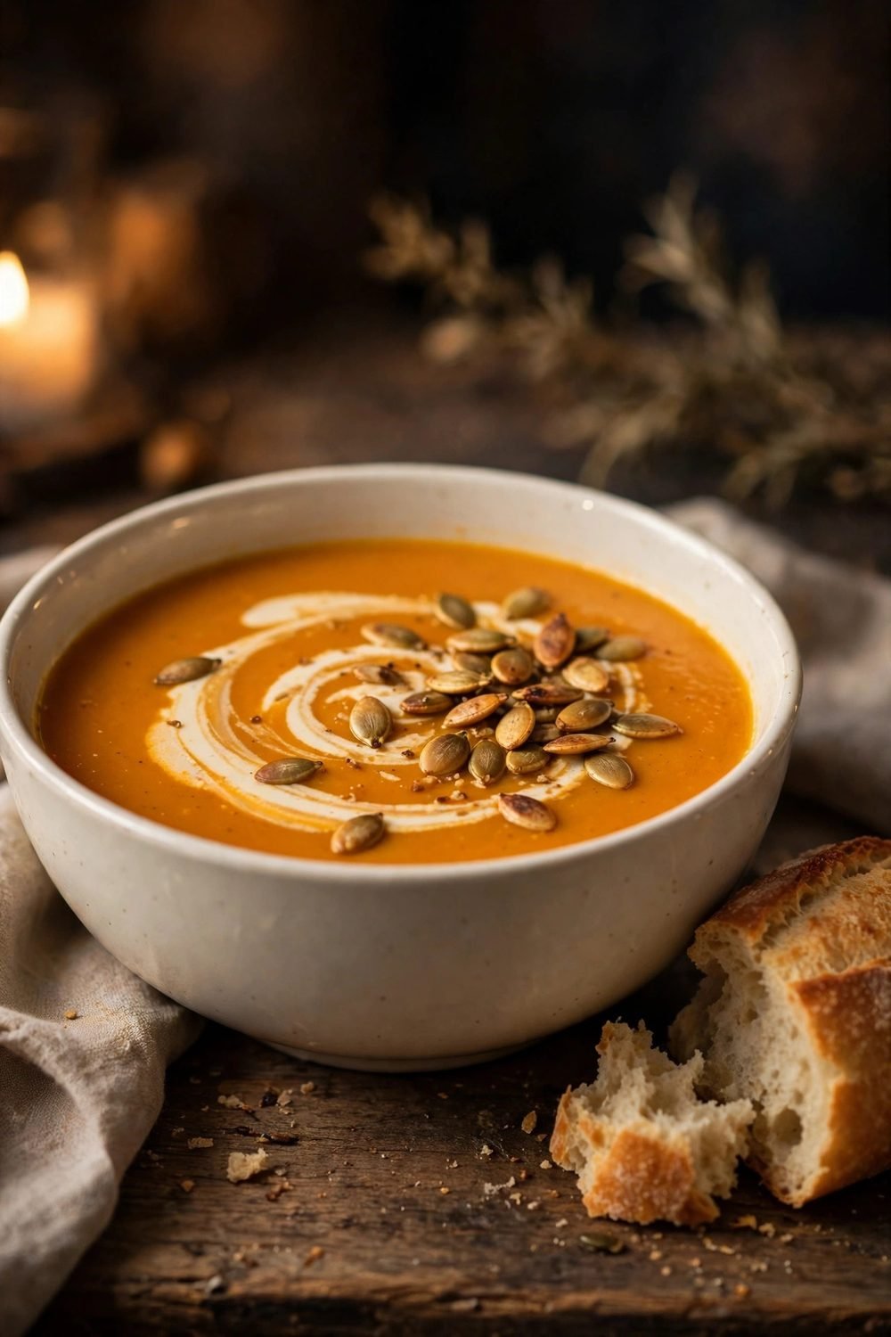 Roasted pumpkin soup in an ivory bowl with cream swirl and toasted pumpkin seeds