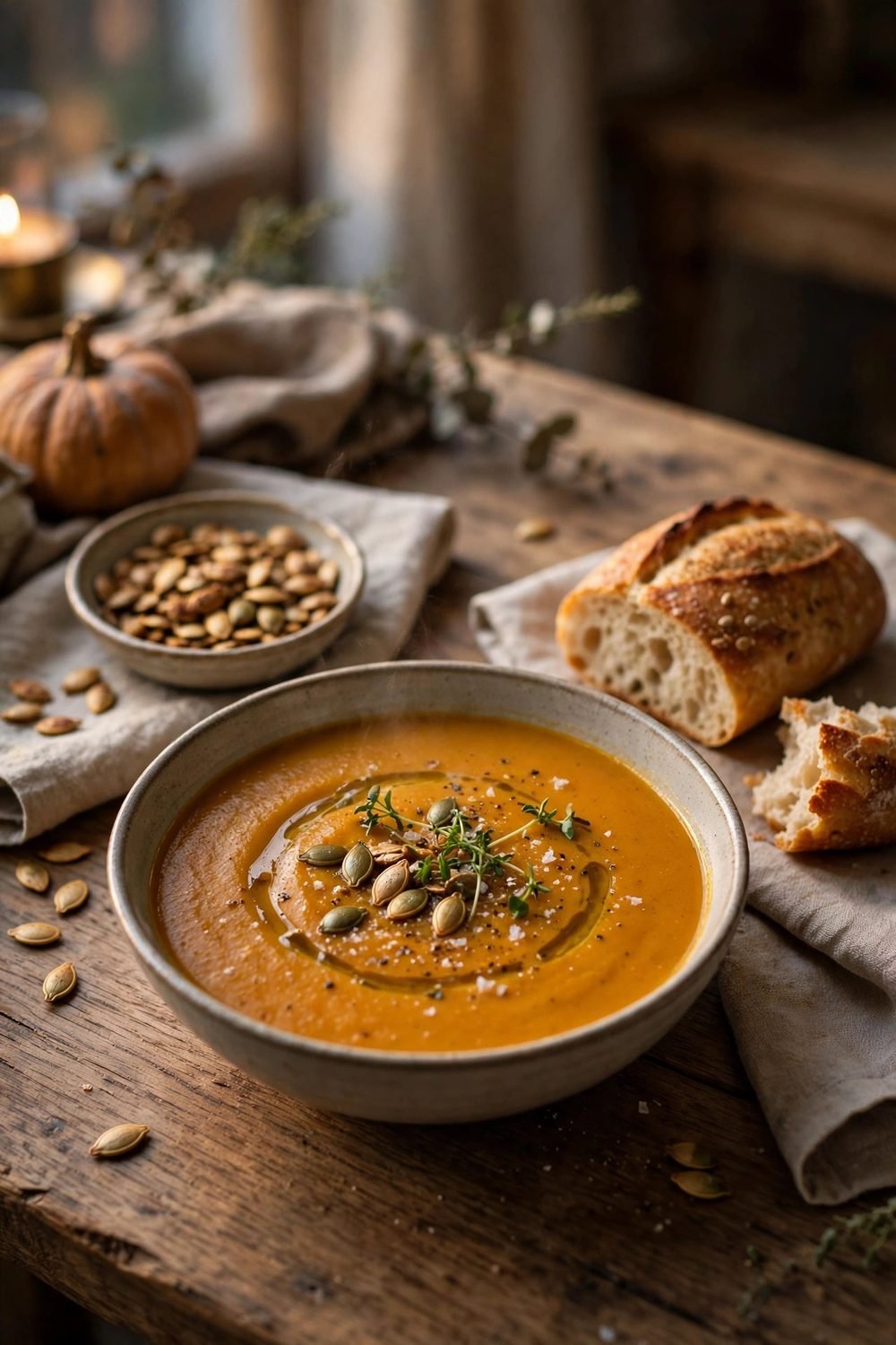 Bowl of roasted pumpkin soup on a dinner table with crusty bread and pumpkin seeds