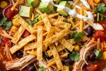 Bowl of crockpot chicken tortilla soup with tortilla strips, avocado and cheese