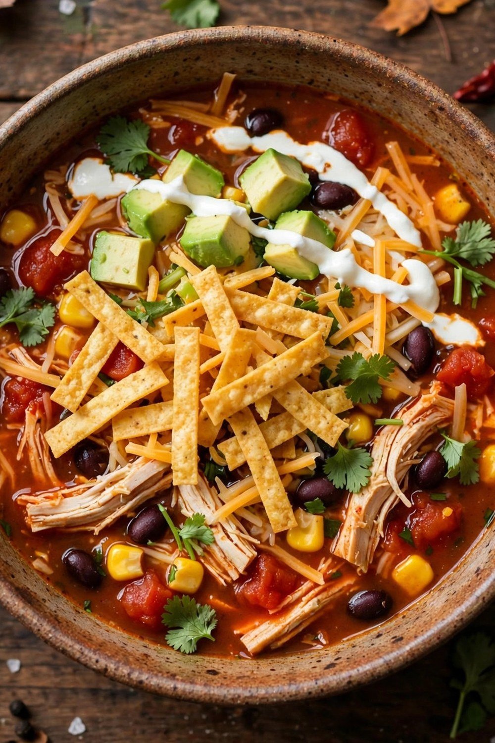 Bowl of crockpot chicken tortilla soup with tortilla strips, avocado and cheese