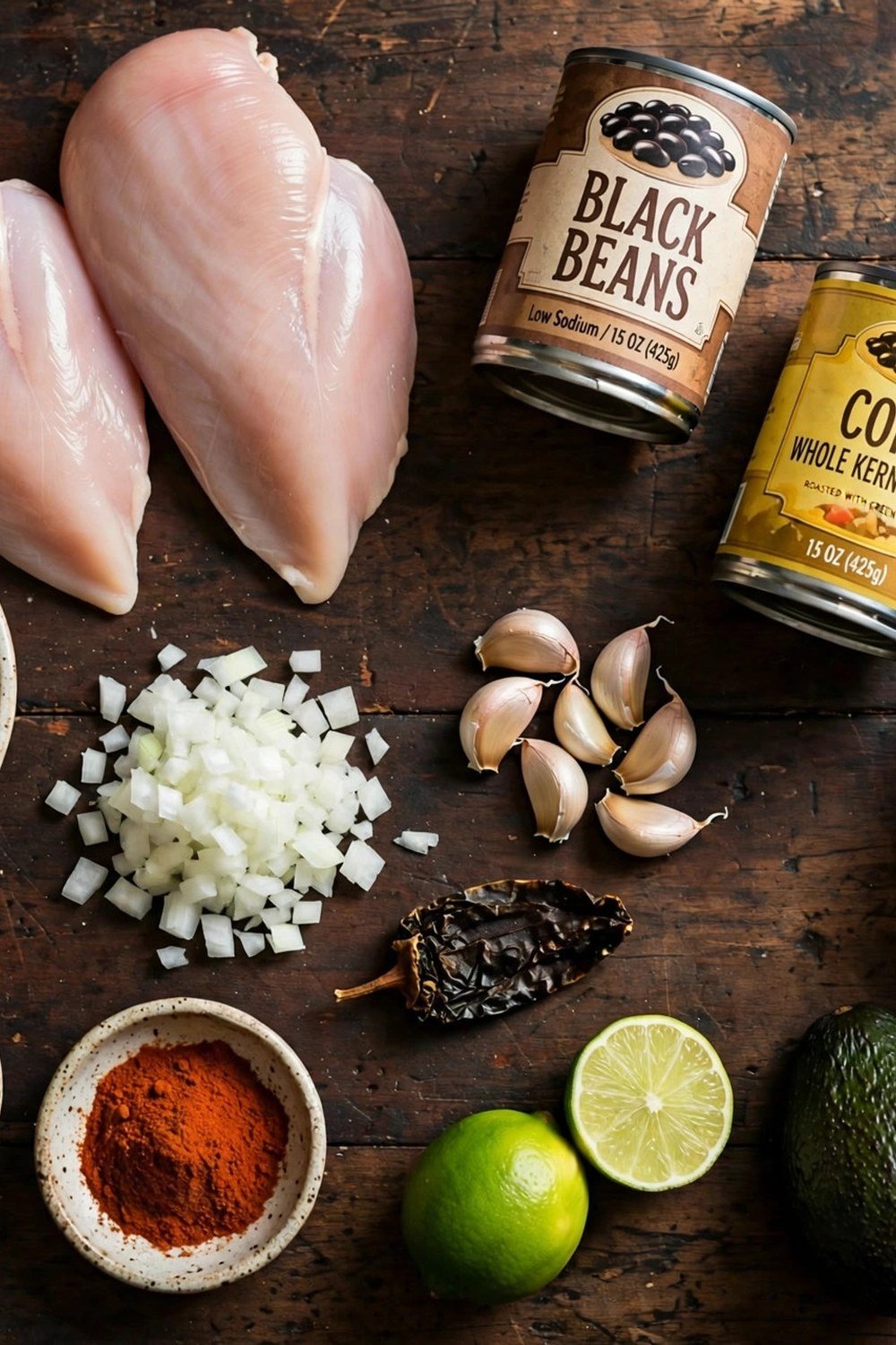 Chicken tortilla soup ingredients on a wooden table