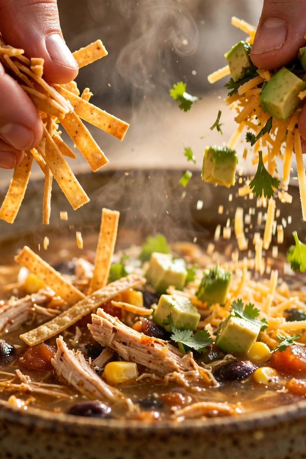 Adding tortilla strips, avocado and cheese to chicken tortilla soup