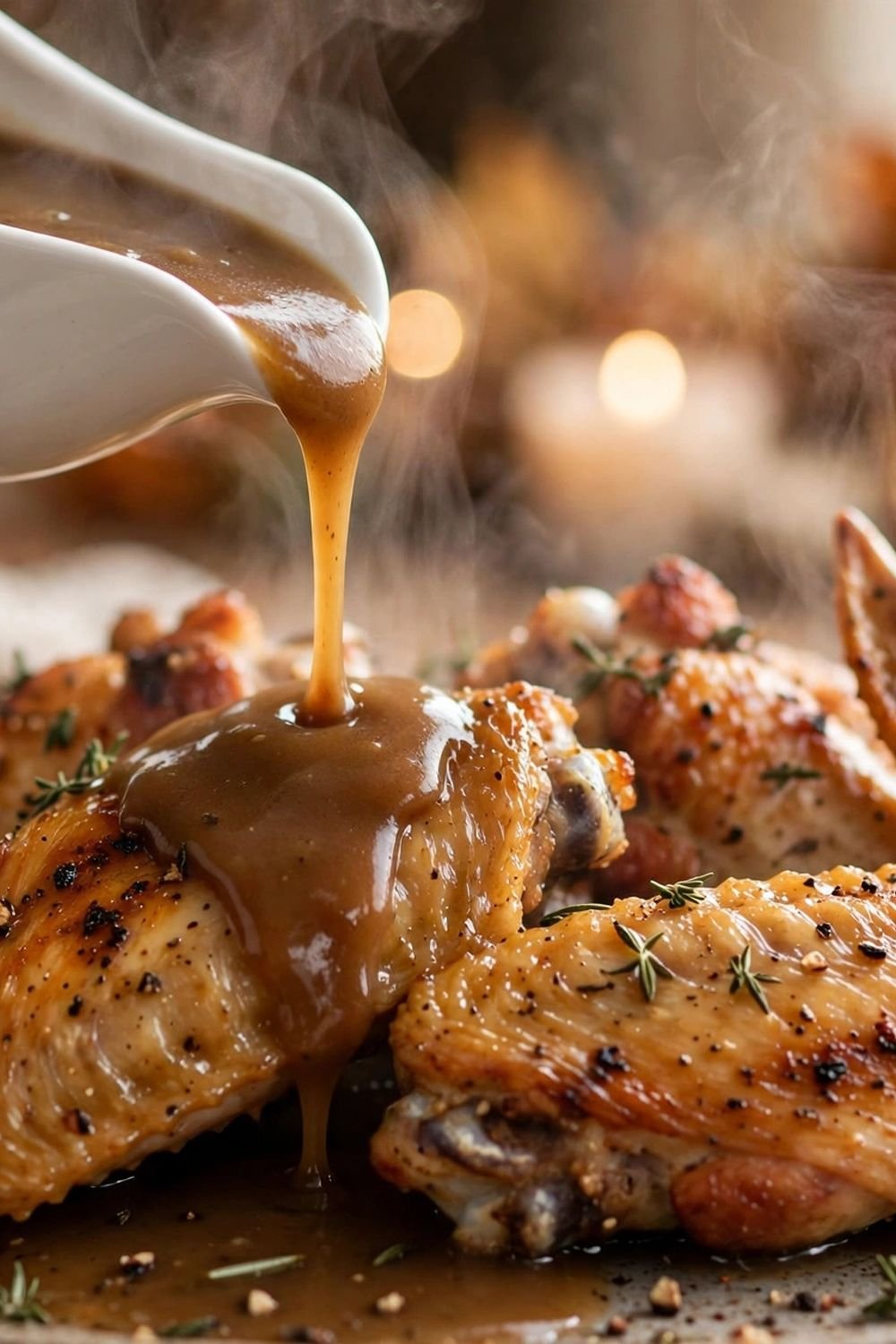 Gravy being poured over roasted turkey wings