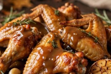 Roasted turkey wings with rich brown gravy on a platter