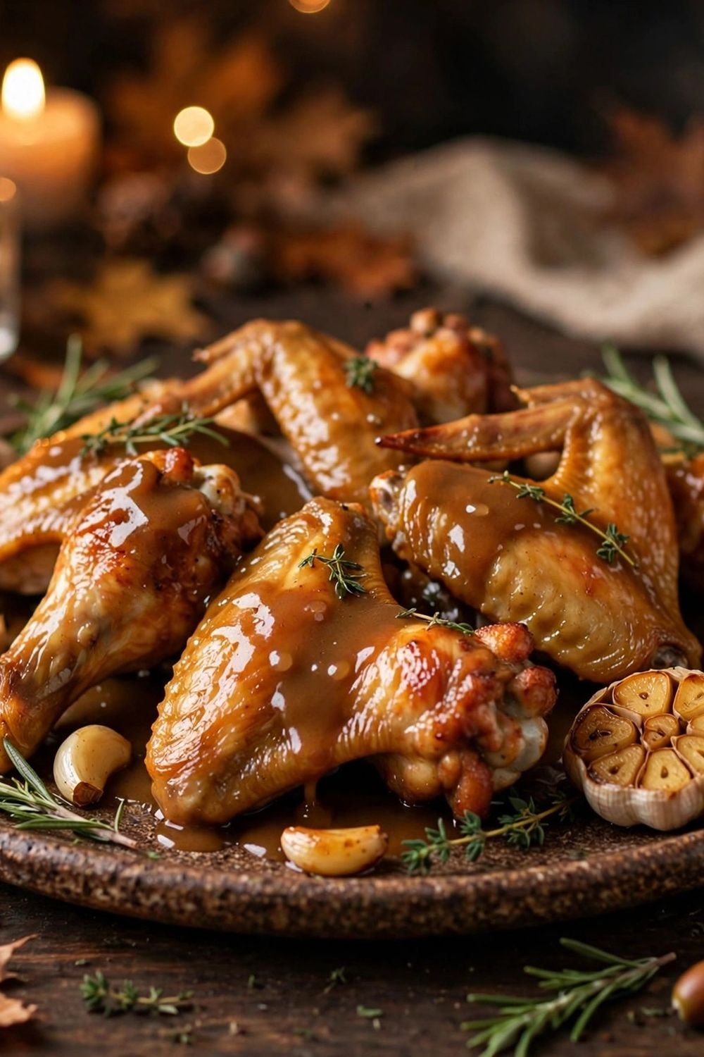 Roasted turkey wings with rich brown gravy on a platter