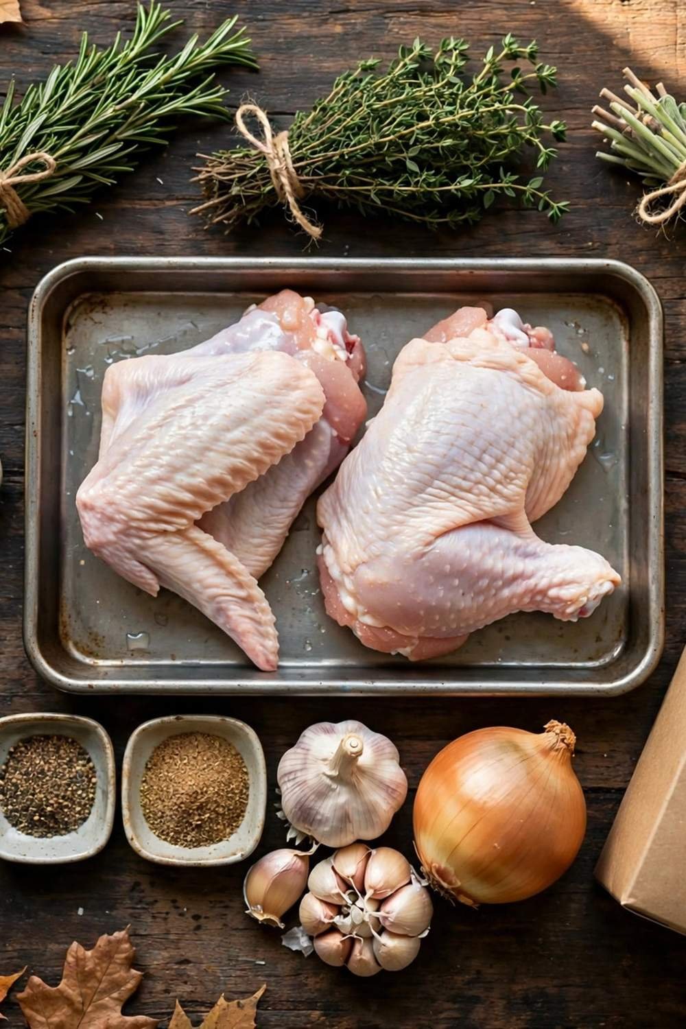 Turkey wings ingredients with herbs and broth on a wooden table